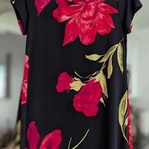 Floral Black Dress with Red and Green Accents